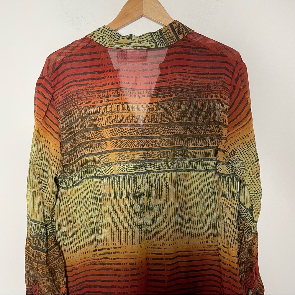 Chico's Design Sheer Long Sleeve Blouse Tunic Rayon Burnt Orange Tribal Print - Picture 15 of 16